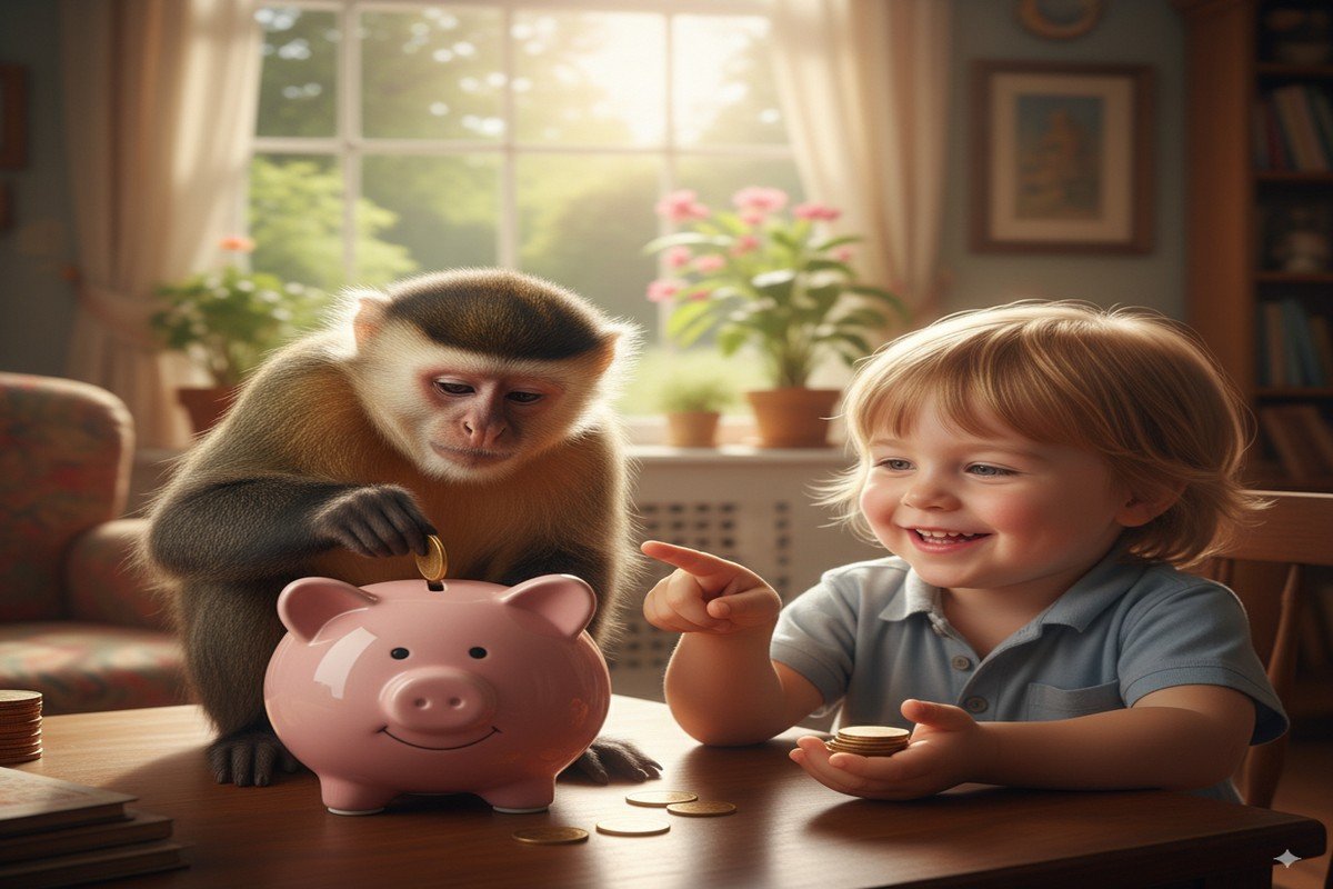 Kid and monkey putting coins in a piggy bank for financial planning