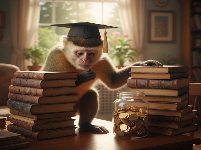 Kid and monkey putting coins in a piggy bank for financial planning
